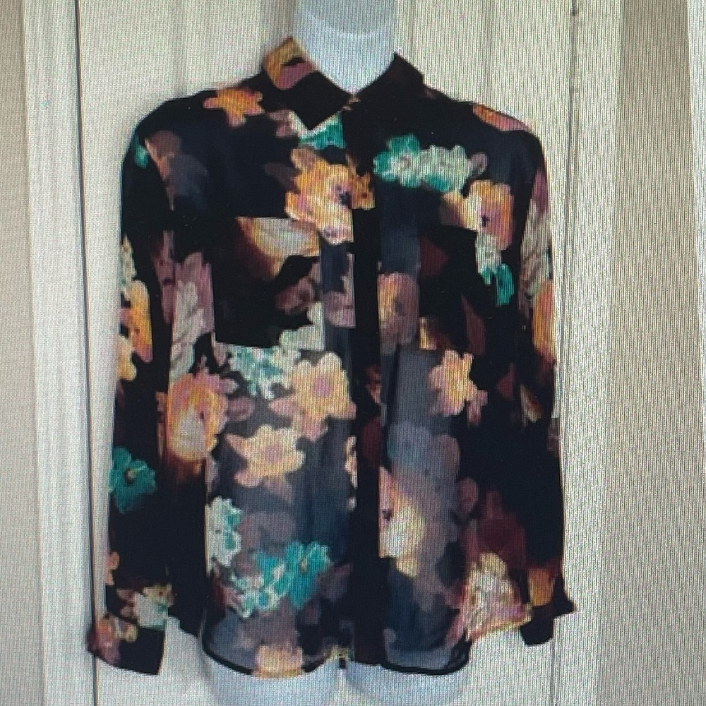 Black floral semi sheer button up shirt
